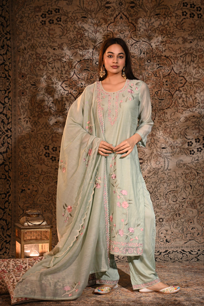 Mint Blossom Embroidered Suit Set