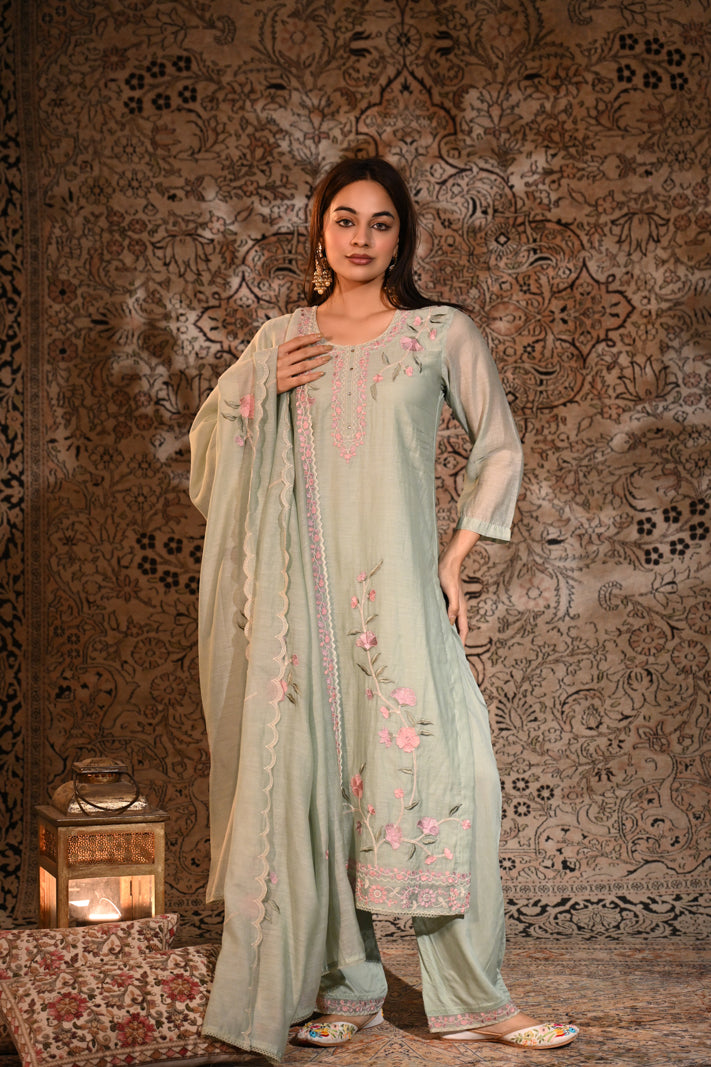 Mint Blossom Embroidered Suit Set