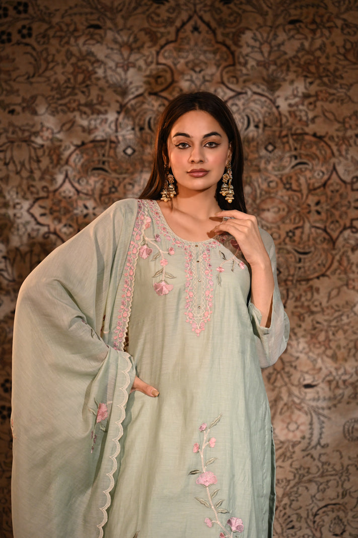 Mint Blossom Embroidered Suit Set