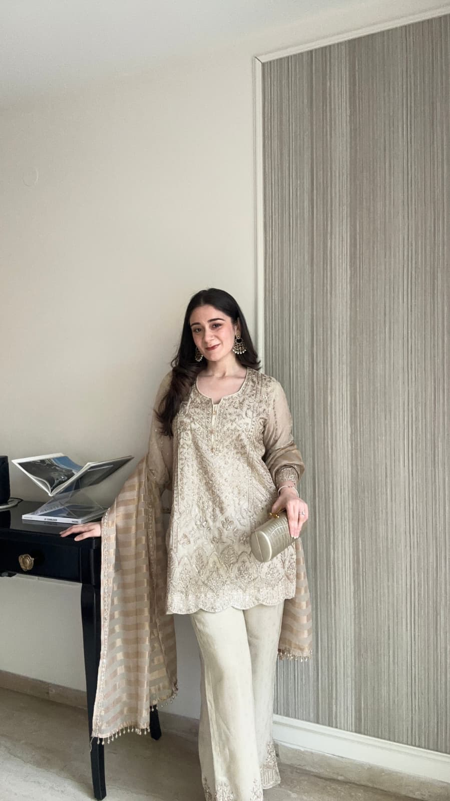 Sana Grover in Tissue Embroidered Suit Set with Dupatta- Ivory