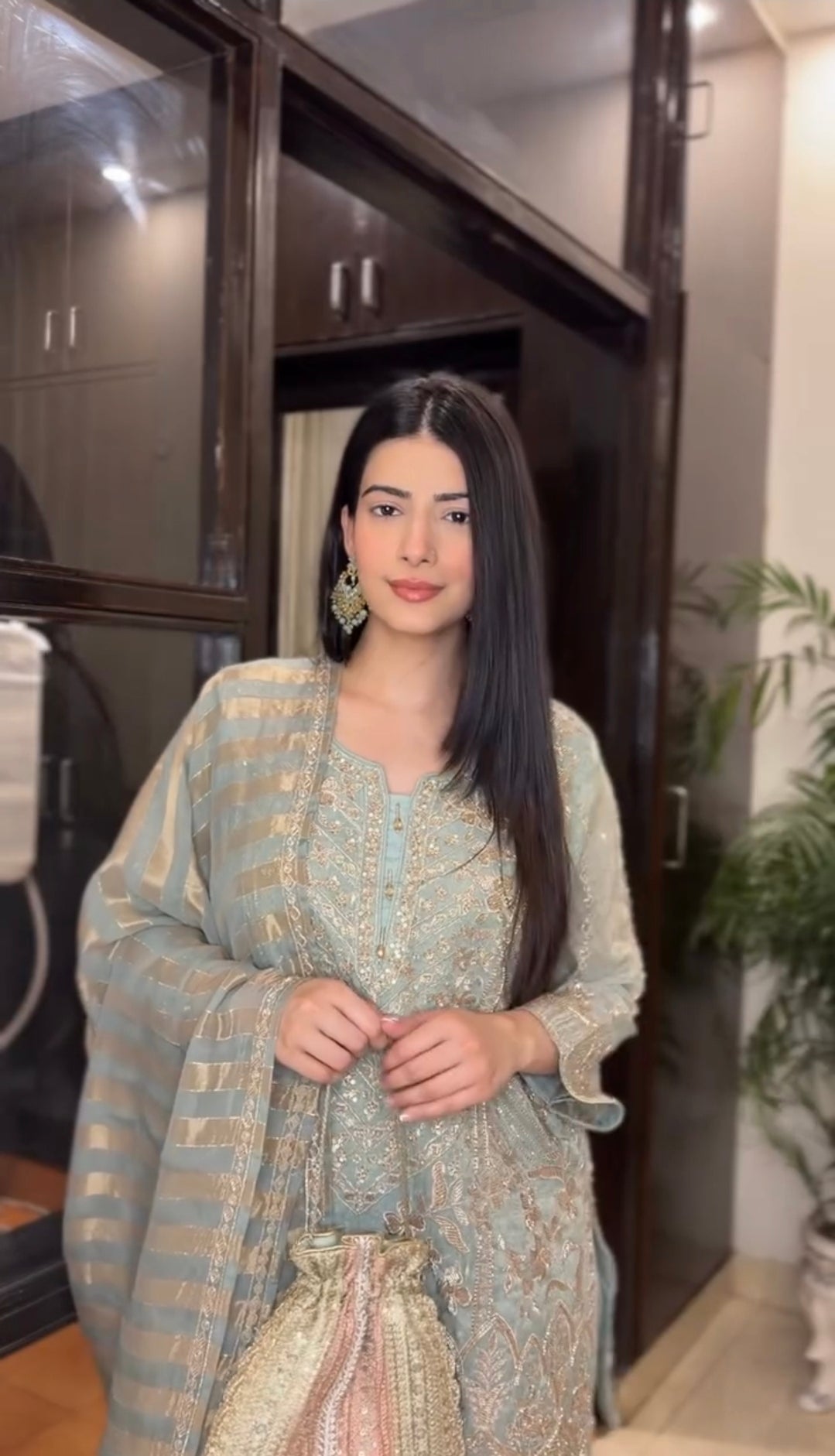 Kaashni Kapoor in Tissue Embroidered Suit Set with Dupatta- Sky Blue