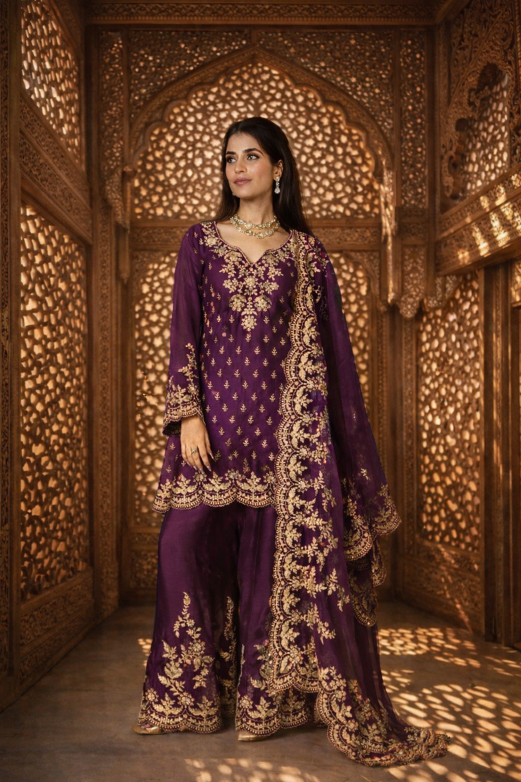 Aarini Mul Chanderi Dori Embroidered Sharara Set – Purple