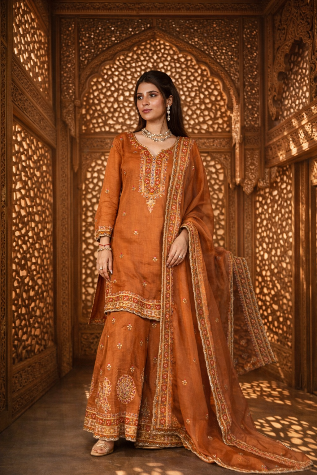 Inara Mul Chanderi Threadwork Garara Set – Terracotta