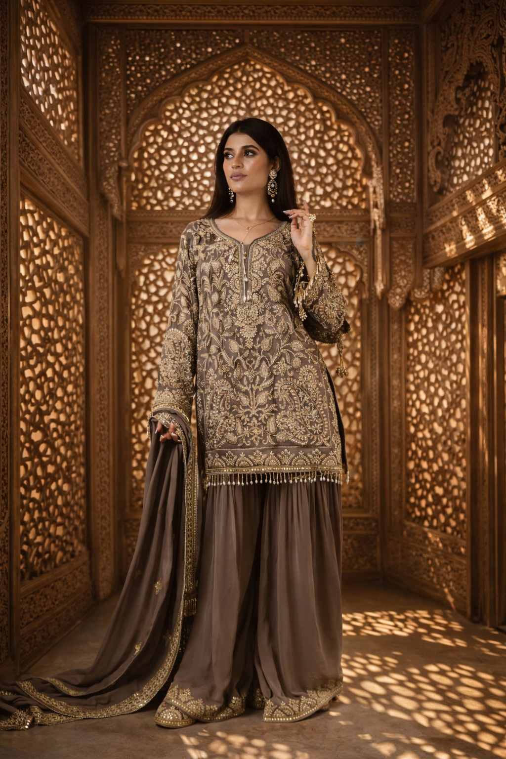 Saher Pure Georgette Handworked Garara Set – Taupe Beige