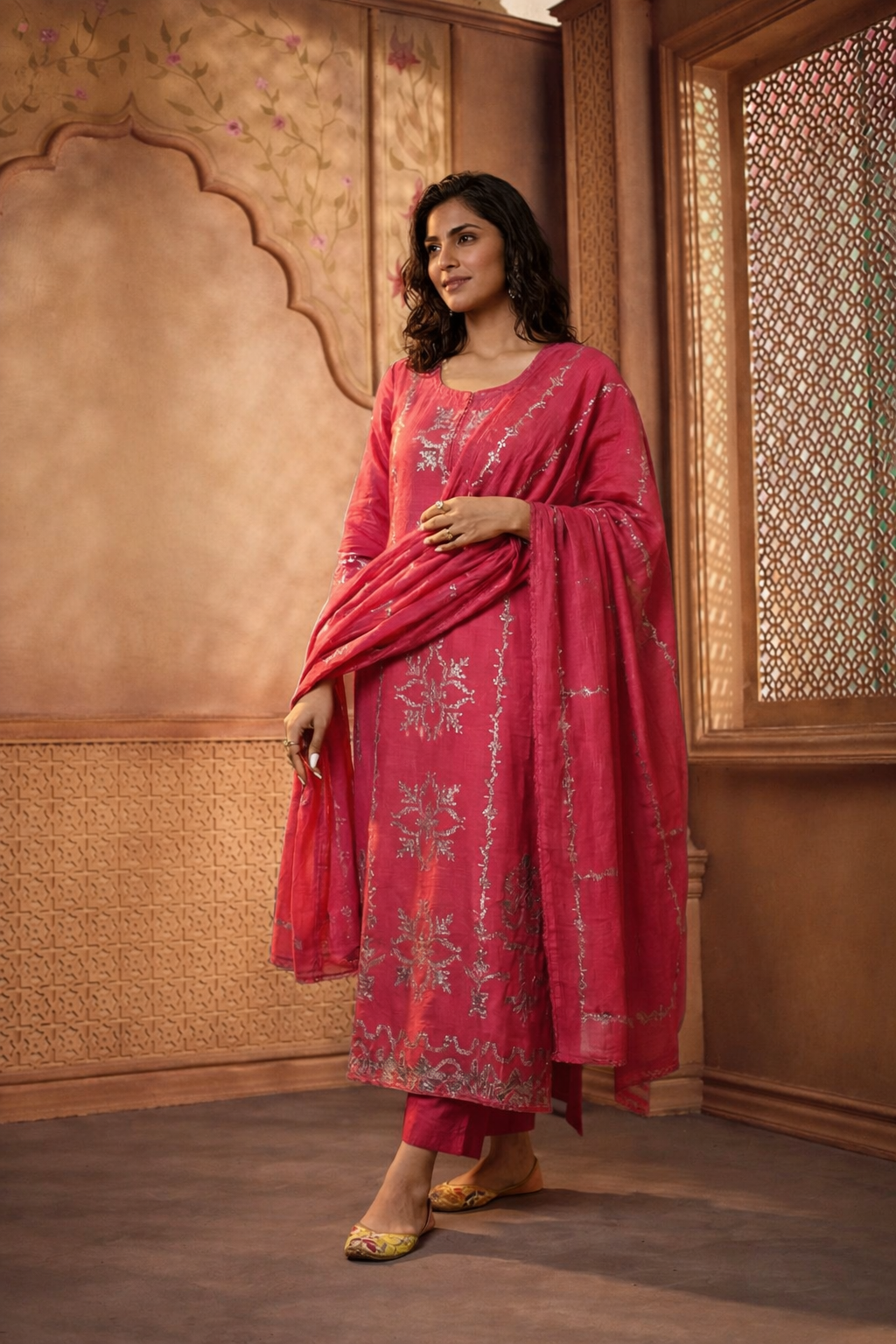 SAIRA MUL CHANDERI KURTA SET WITH DUPATTA