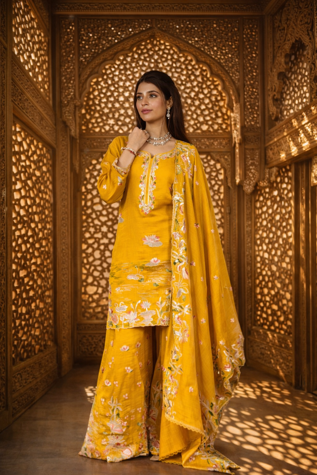 Noor Pure Mul Chanderi Embroidered Sharara Set – Sunflower Yellow