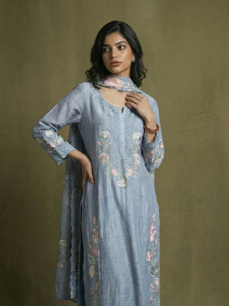 SABA MUL CHANDERI EMBROIDERED KURTA SET WITH DUPATTA