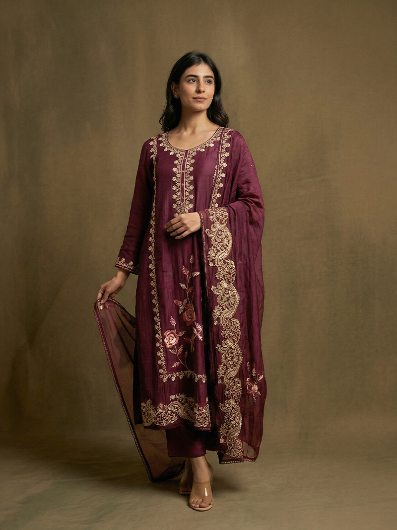ZAINAB MUL CHANDERI EMBROIDERED KURTA SET WITH DUPATTA