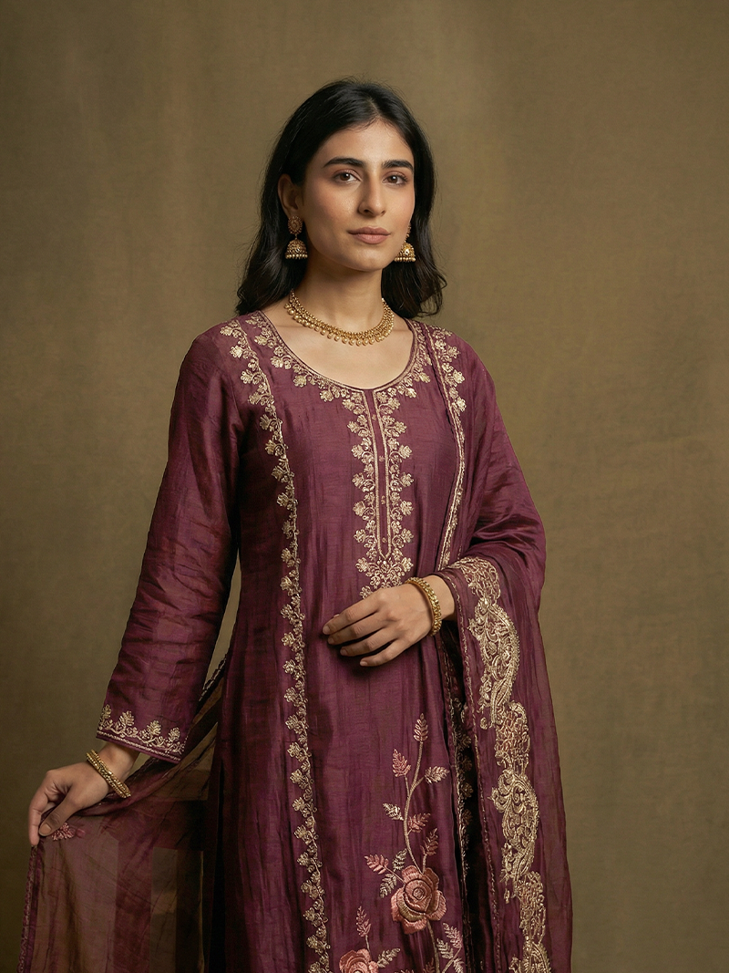 ZAINAB MUL CHANDERI EMBROIDERED KURTA SET WITH DUPATTA