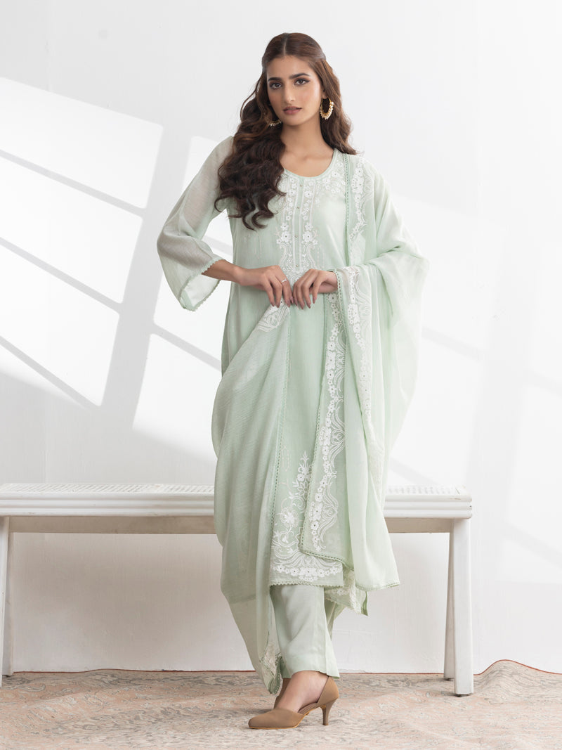 Inaya Pure Mul Chanderi Embroidered Kurta Set with Dupatta - Mint Bloom
