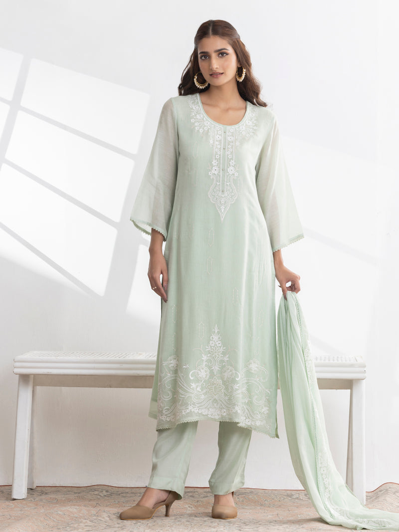 Inaya Pure Mul Chanderi Embroidered Kurta Set with Dupatta - Mint Bloom