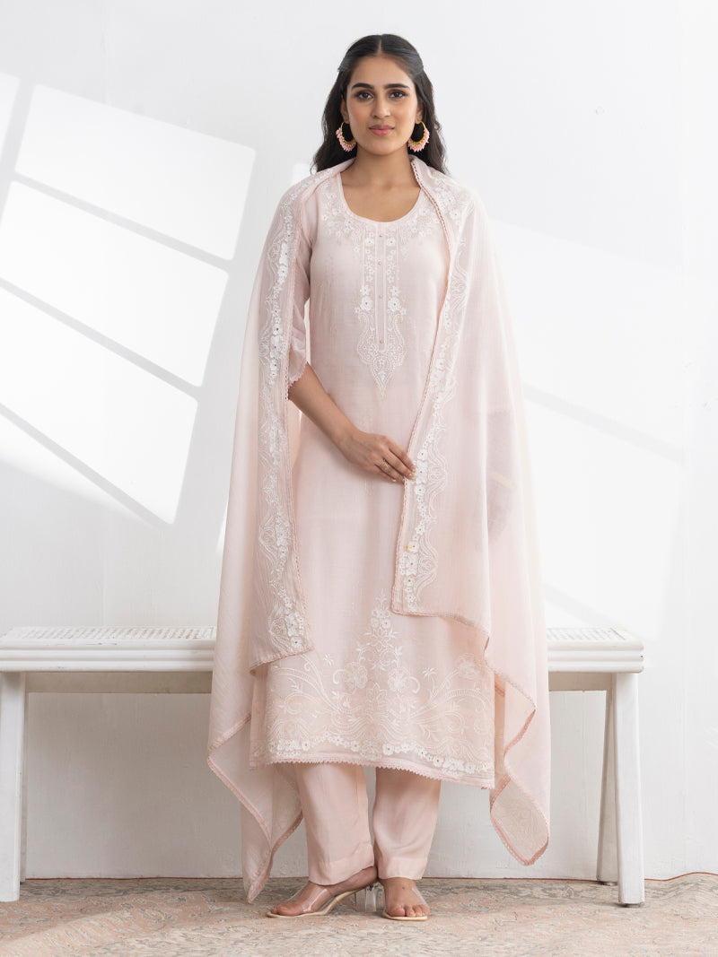 Inaya Pure Mul Chanderi Embroidered Kurta Set with Dupatta - Soft Pink