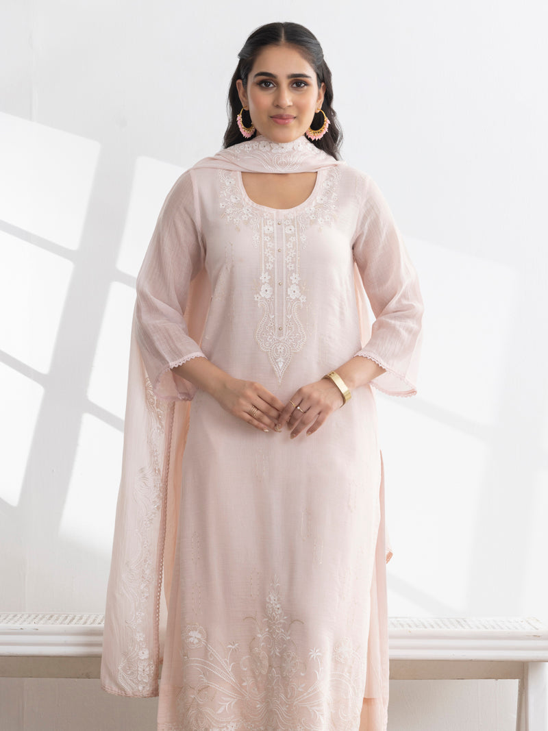 Inaya Pure Mul Chanderi Embroidered Kurta Set with Dupatta - Soft Pink