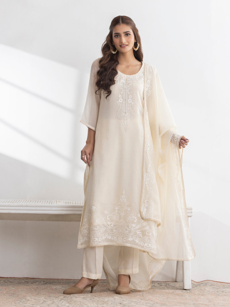 Inaya Pure Mul Chanderi Embroidered Kurta Set with Dupatta - Cream