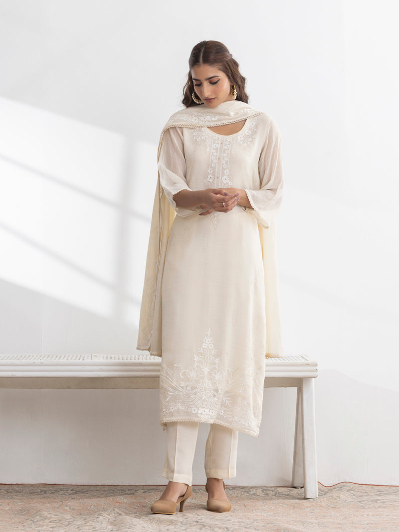 Inaya Pure Mul Chanderi Embroidered Kurta Set with Dupatta - Cream