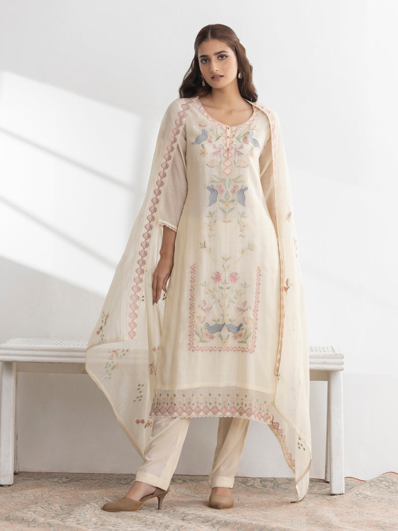 Avira Pure Mul Chanderi Embroidered Kurta Set with Dupatta - Cream