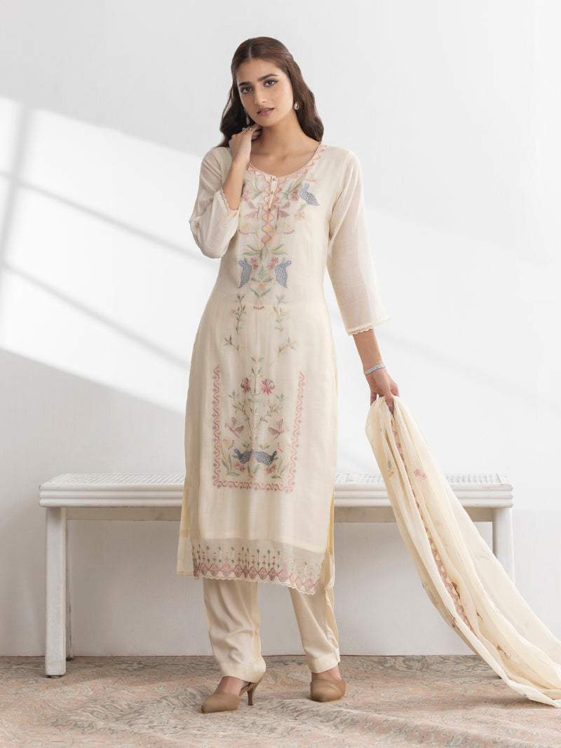 Avira Pure Mul Chanderi Embroidered Kurta Set with Dupatta - Cream