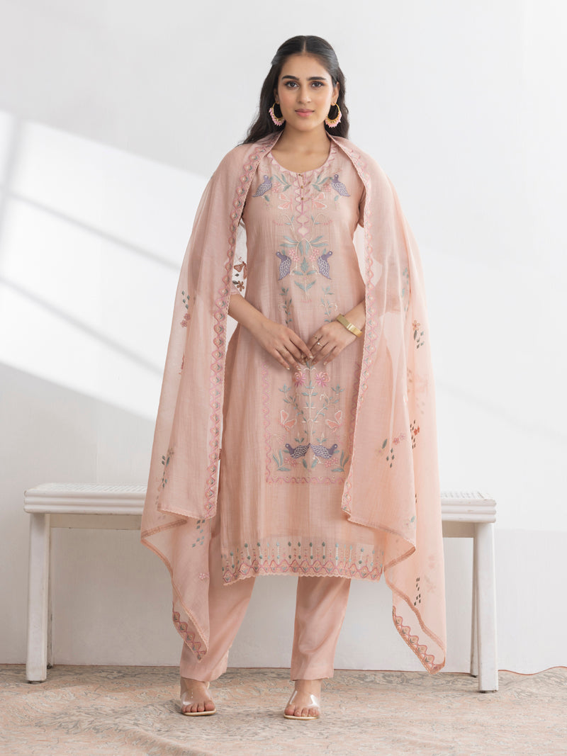 Avira Pure Mul Chanderi Embroidered Kurta Set with Dupatta - Peachy Pink