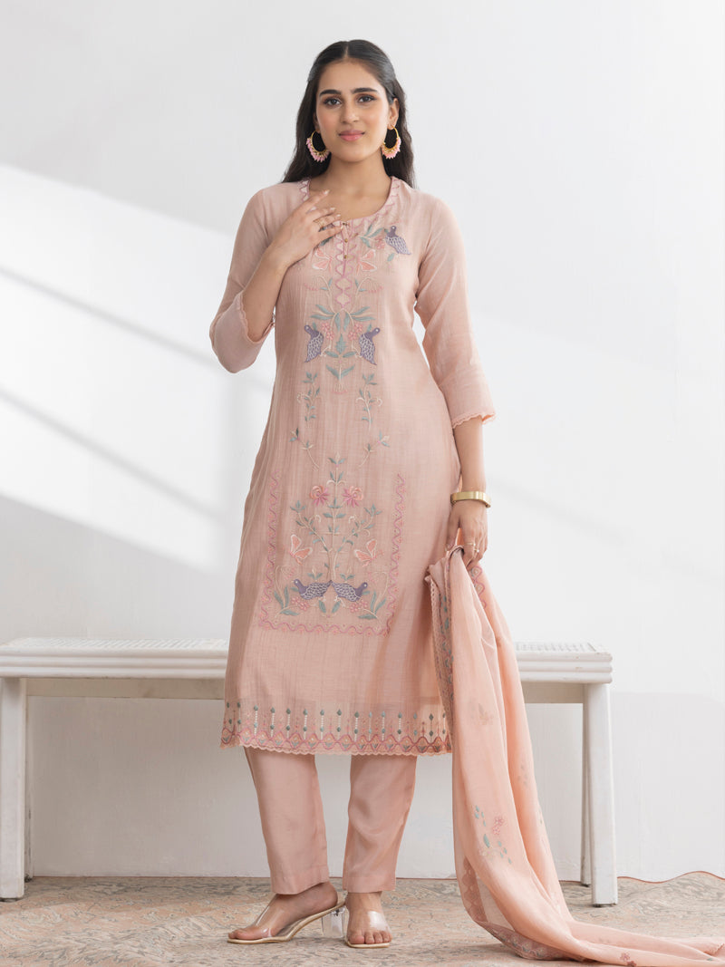 Avira Pure Mul Chanderi Embroidered Kurta Set with Dupatta - Peachy Pink