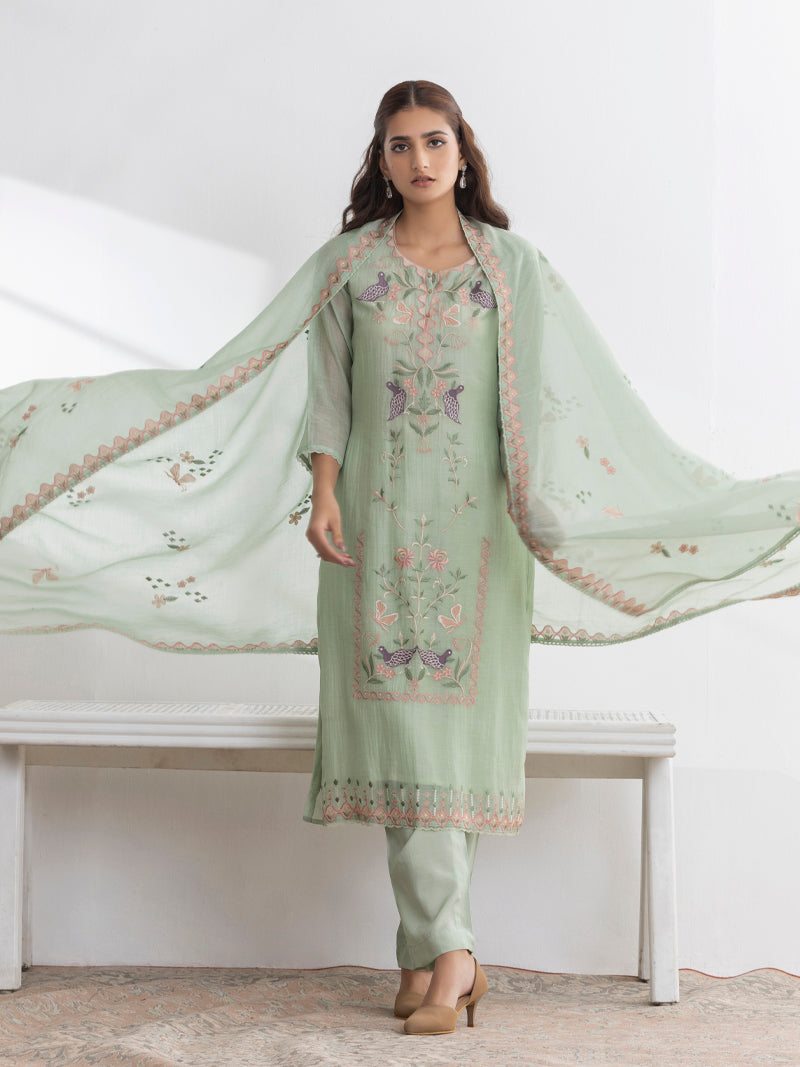 Avira Pure Mul Chanderi Embroidered Kurta Set with Dupatta - Mint Bloom