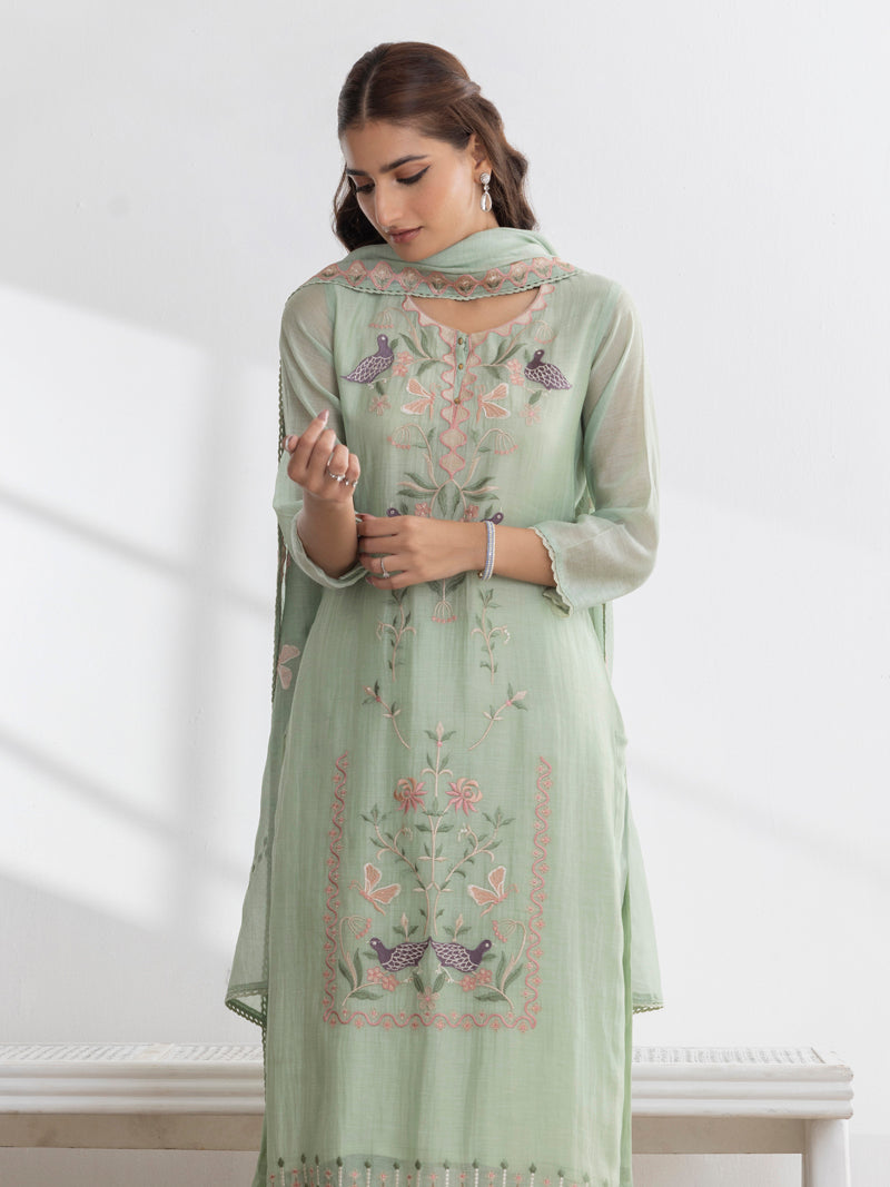 Avira Pure Mul Chanderi Embroidered Kurta Set with Dupatta - Mint Bloom