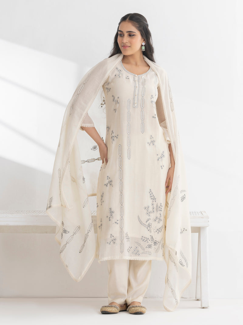 Ishya Pure Mul Chanderi Embroidered Kurta Set with Dupatta - Cream