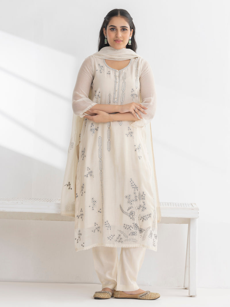 Ishya Pure Mul Chanderi Embroidered Kurta Set with Dupatta - Cream