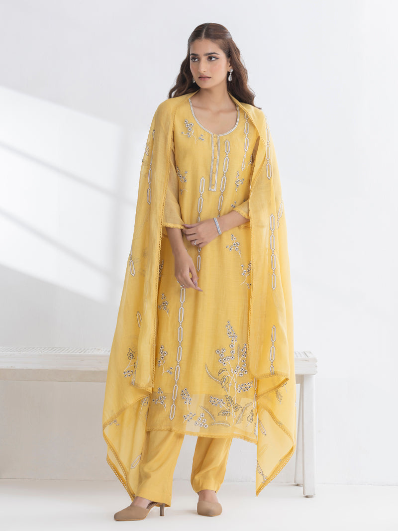 Ishya Pure Mul Chanderi Embroidered Kurta Set with Dupatta - Sunflower Yellow