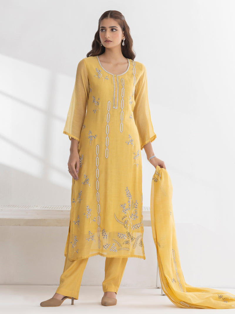 Ishya Pure Mul Chanderi Embroidered Kurta Set with Dupatta - Sunflower Yellow