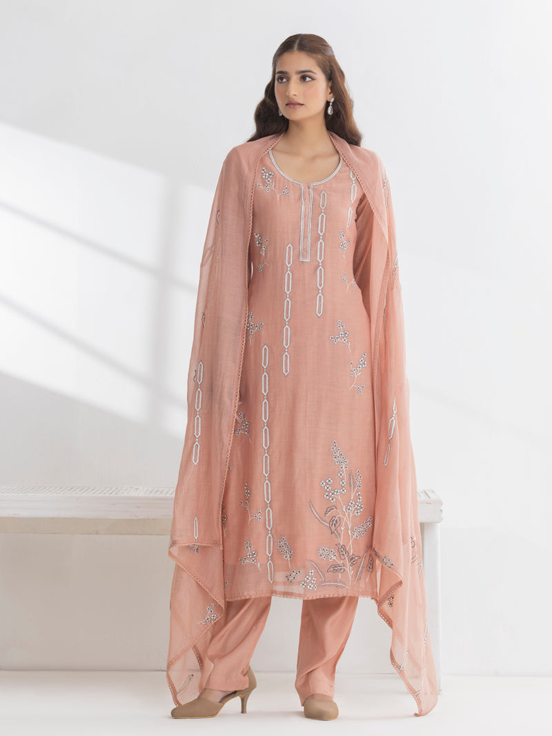 Ishya Pure Mul Chanderi Embroidered Kurta Set with Dupatta - Peachy Pink