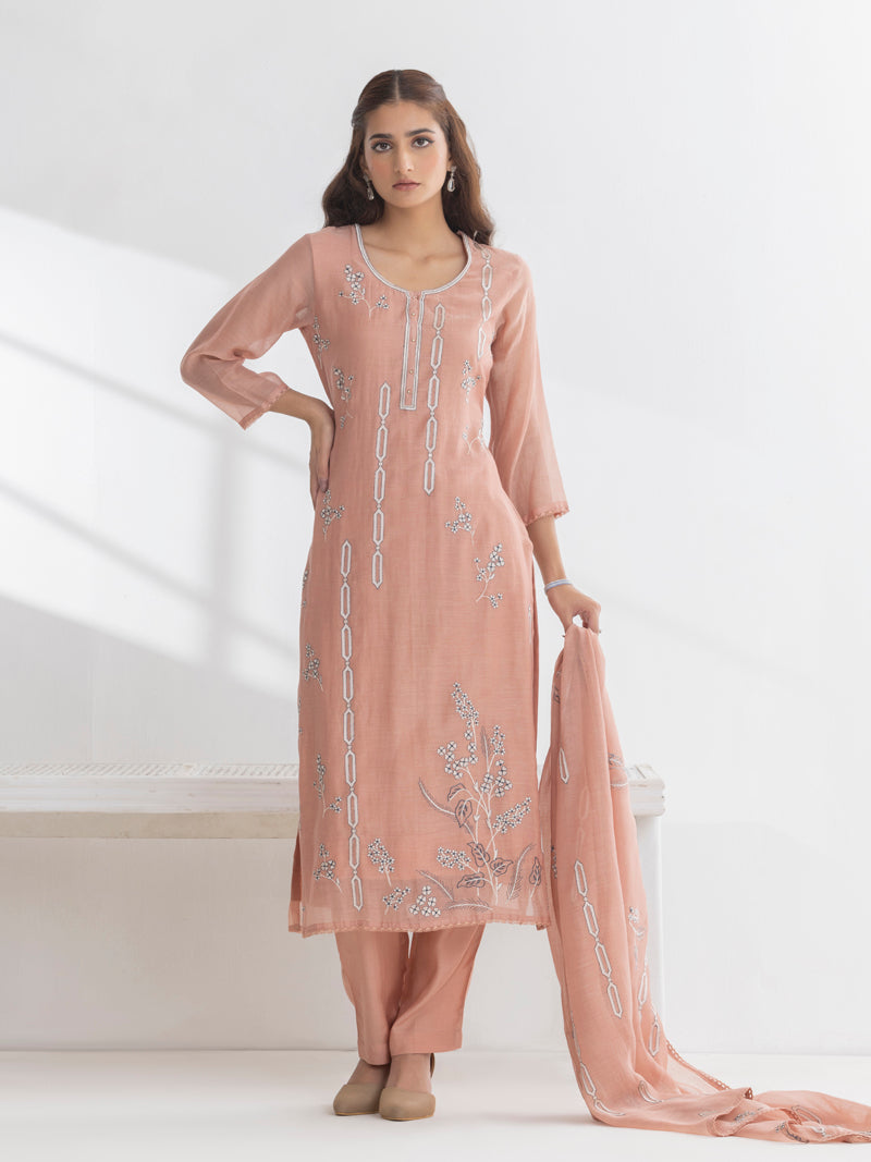 Ishya Pure Mul Chanderi Embroidered Kurta Set with Dupatta - Peachy Pink