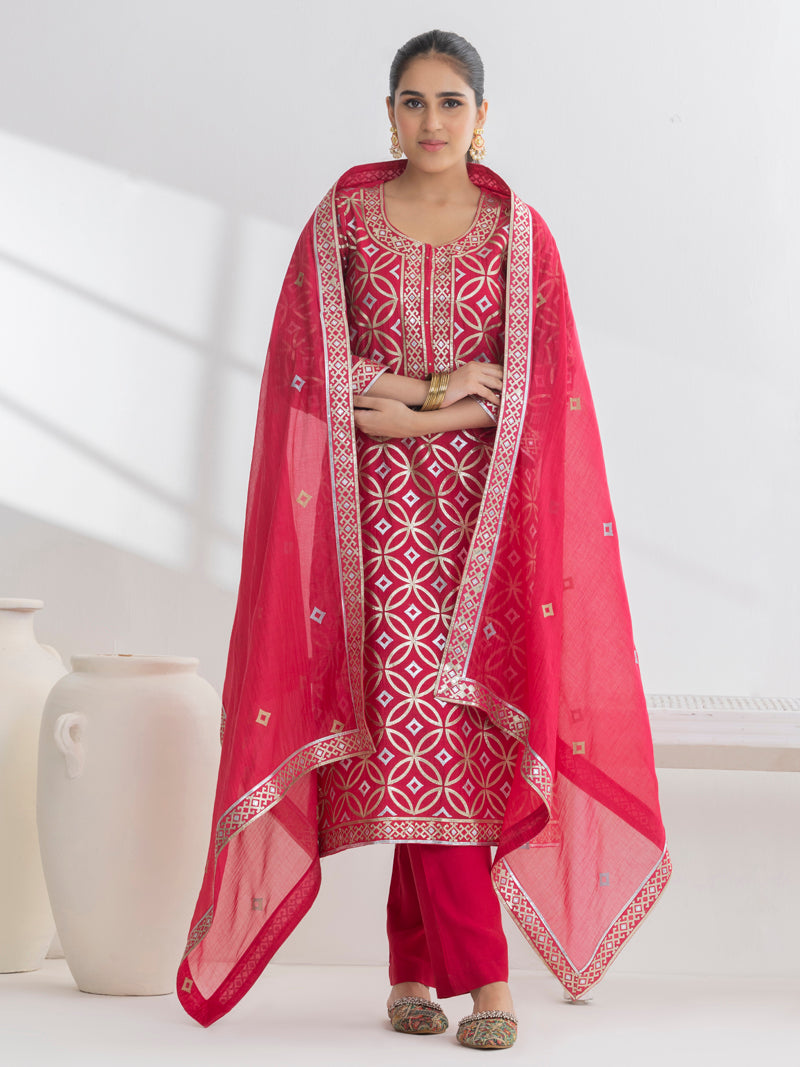 Diya Pure Mul Chanderi Embroidered Kurta Set with Dupatta - Crimson Red