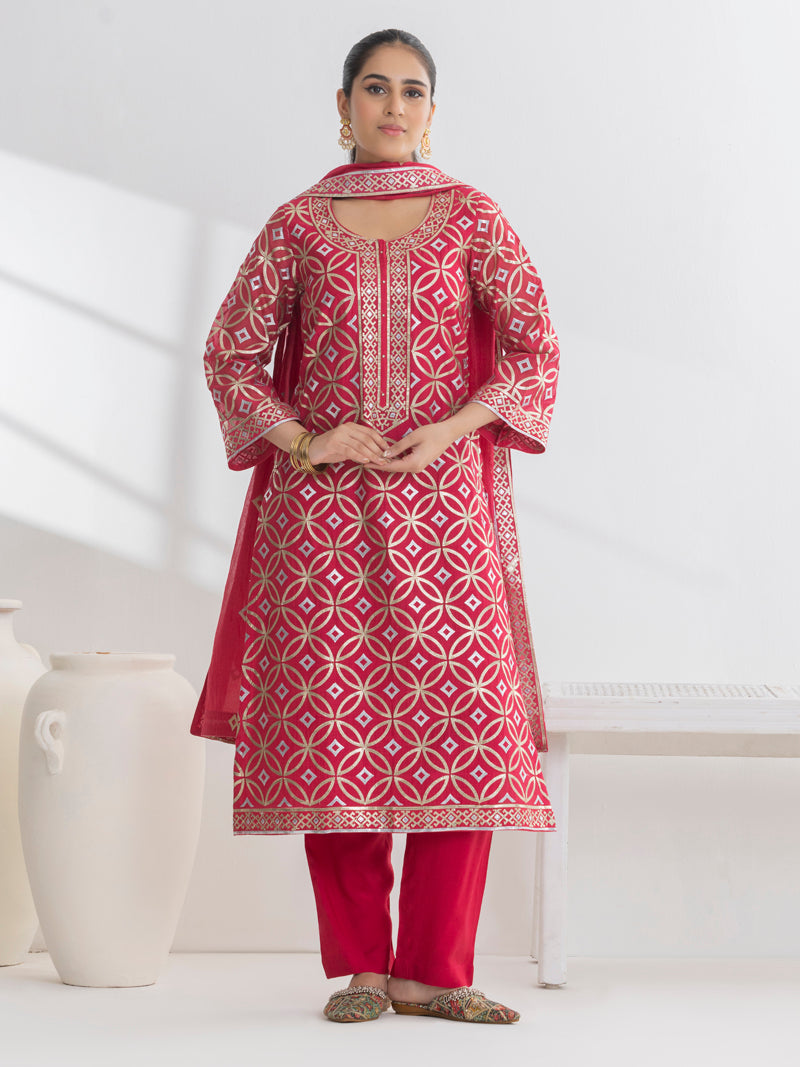 Diya Pure Mul Chanderi Embroidered Kurta Set with Dupatta - Crimson Red