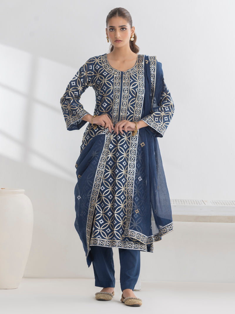 Diya Pure Mul Chanderi Embroidered Kurta Set with Dupatta - Midnight Blue