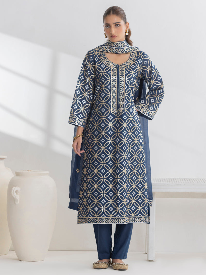 Diya Pure Mul Chanderi Embroidered Kurta Set with Dupatta - Midnight Blue