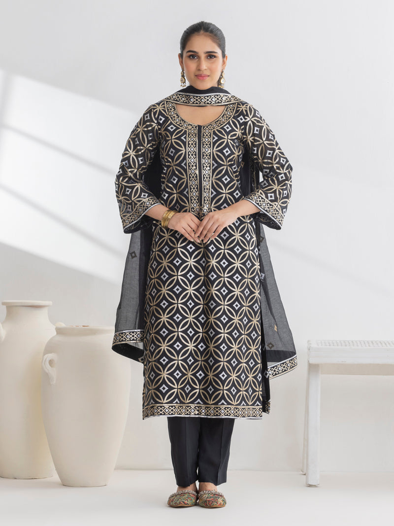 Diya Pure Mul Chanderi Embroidered Kurta Set with Dupatta - Black