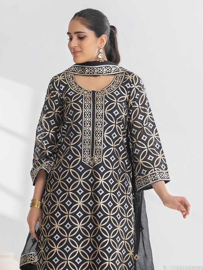 Diya Pure Mul Chanderi Embroidered Kurta Set with Dupatta - Black