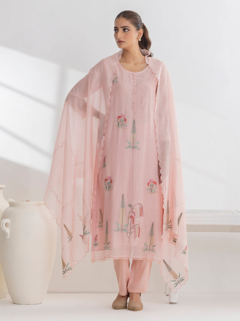Isha Pure Mul Chanderi Embroidered Kurta Set with Dupatta - Blush Pink