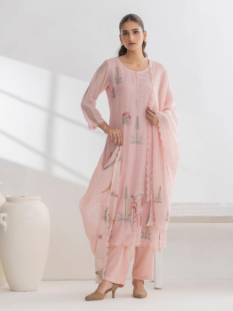 Isha Pure Mul Chanderi Embroidered Kurta Set with Dupatta - Blush Pink