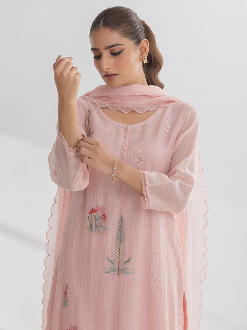 Isha Pure Mul Chanderi Embroidered Kurta Set with Dupatta - Blush Pink