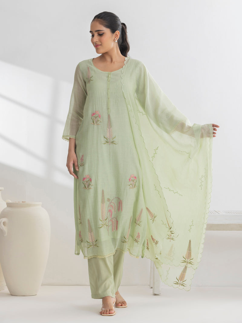 Isha Pure Mul Chanderi Embroidered Kurta Set with Dupatta - Mint Green