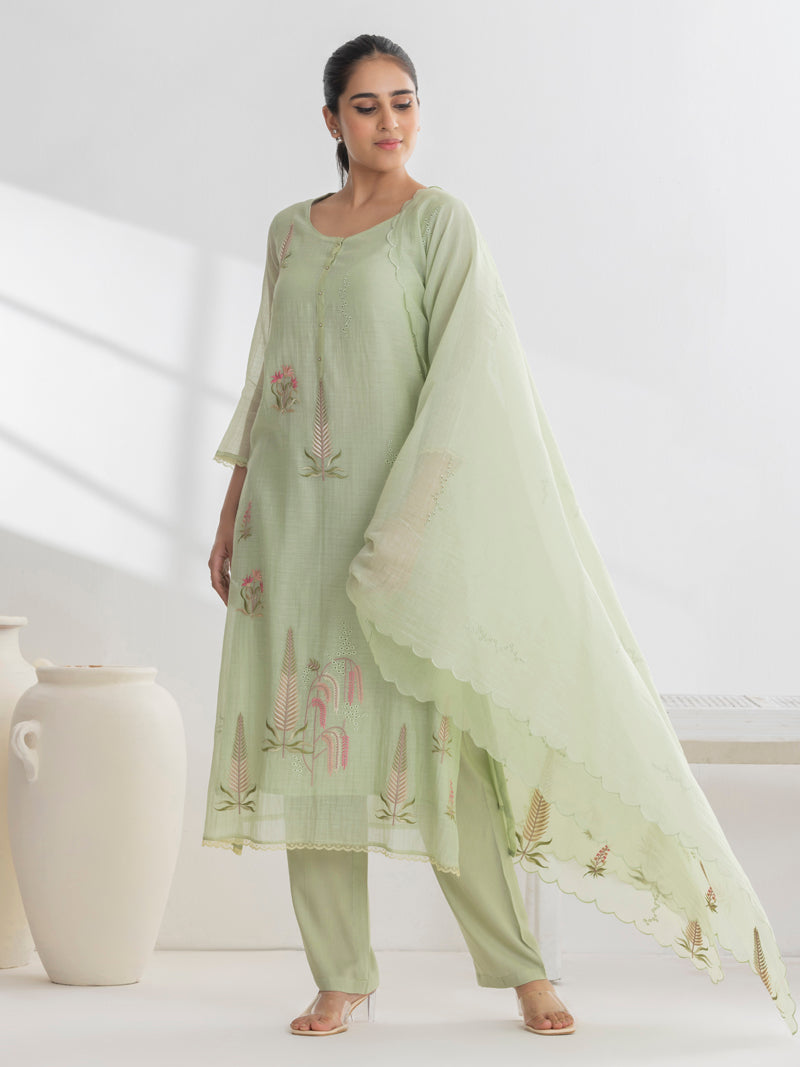 Isha Pure Mul Chanderi Embroidered Kurta Set with Dupatta - Mint Green