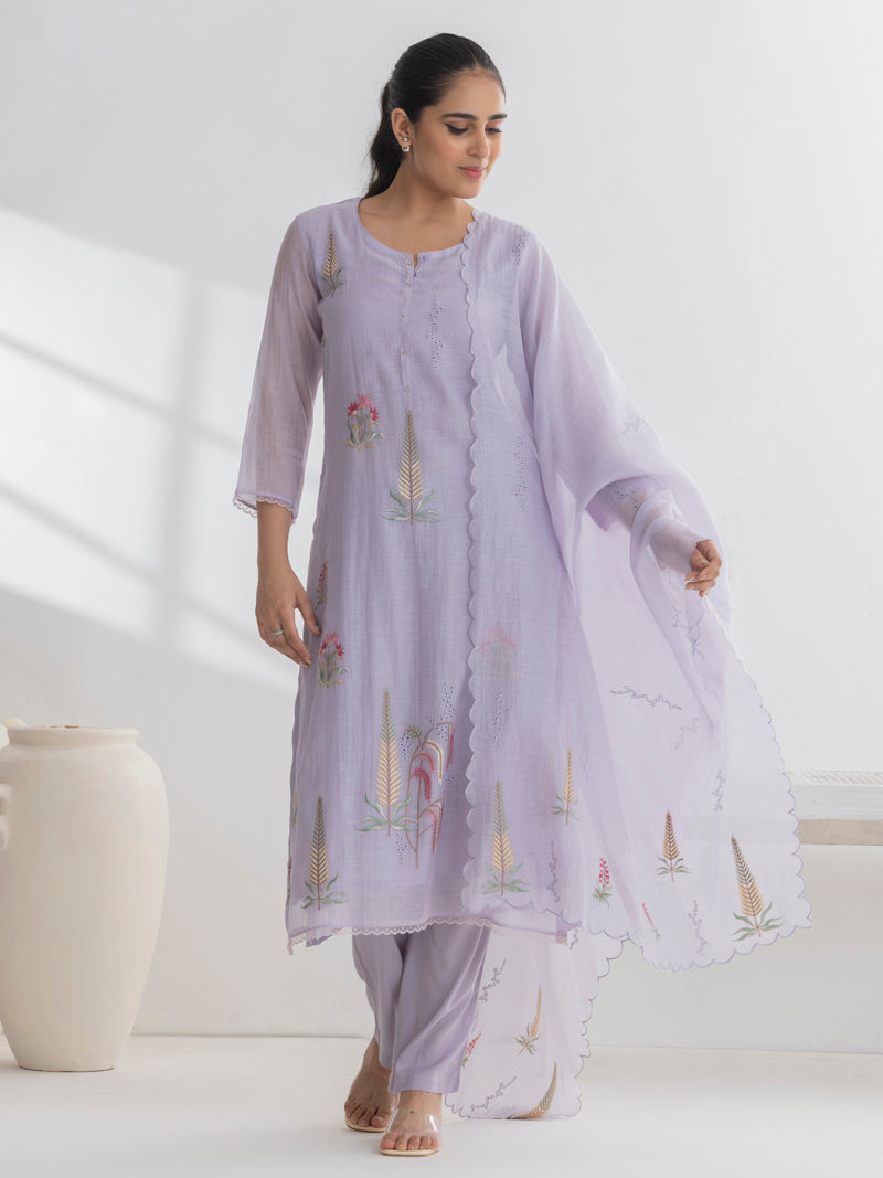 Isha Pure Mul Chanderi Embroidered Kurta Set with Dupatta - Lavender Mist