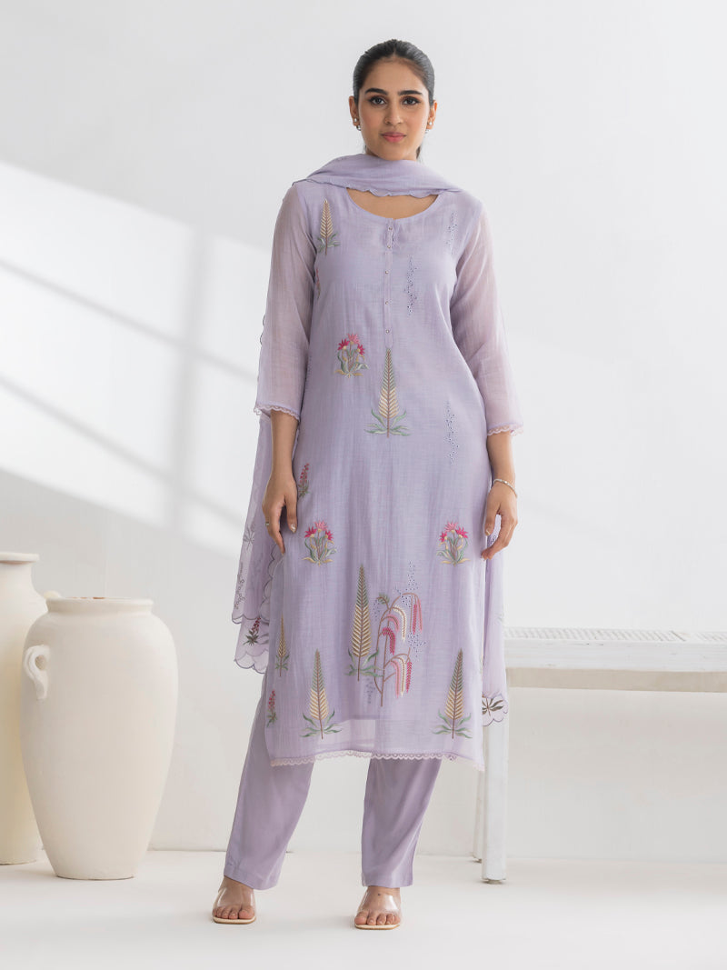 Isha Pure Mul Chanderi Embroidered Kurta Set with Dupatta - Lavender Mist