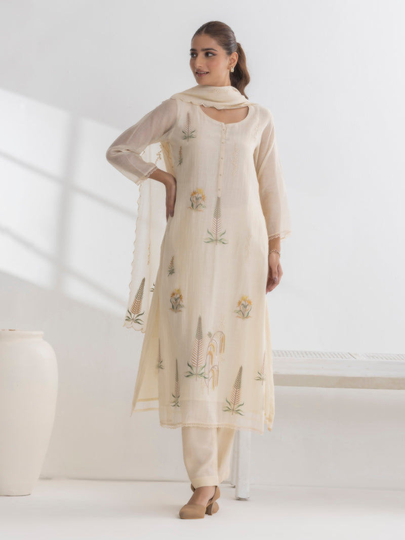 Isha Pure Mul Chanderi Embroidered Kurta Set with Dupatta - Cream