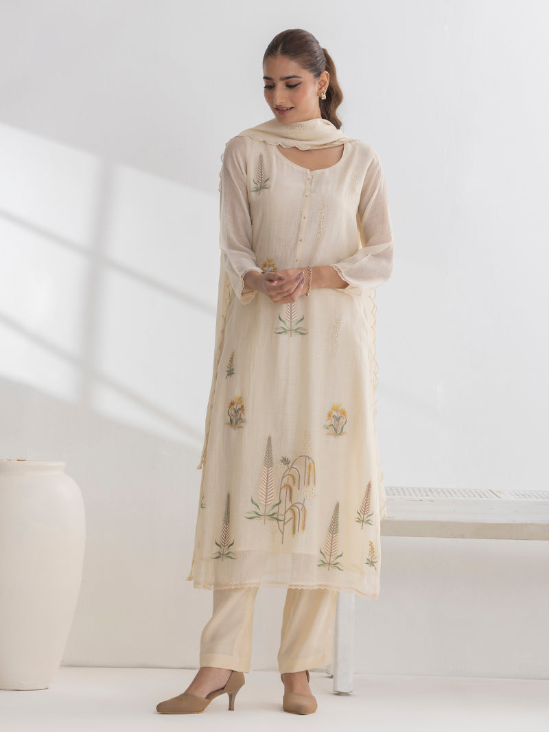 Isha Pure Mul Chanderi Embroidered Kurta Set with Dupatta - Cream