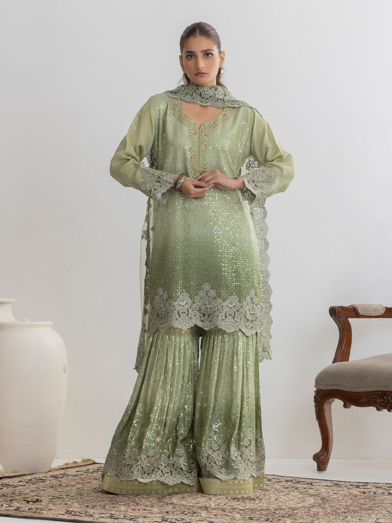 Aarzu Embroidered Garara Set - Sage Green
