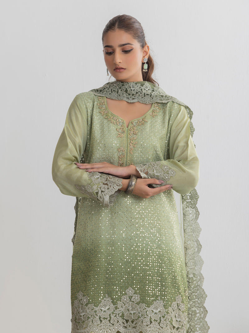 Aarzu Embroidered Garara Set - Sage Green
