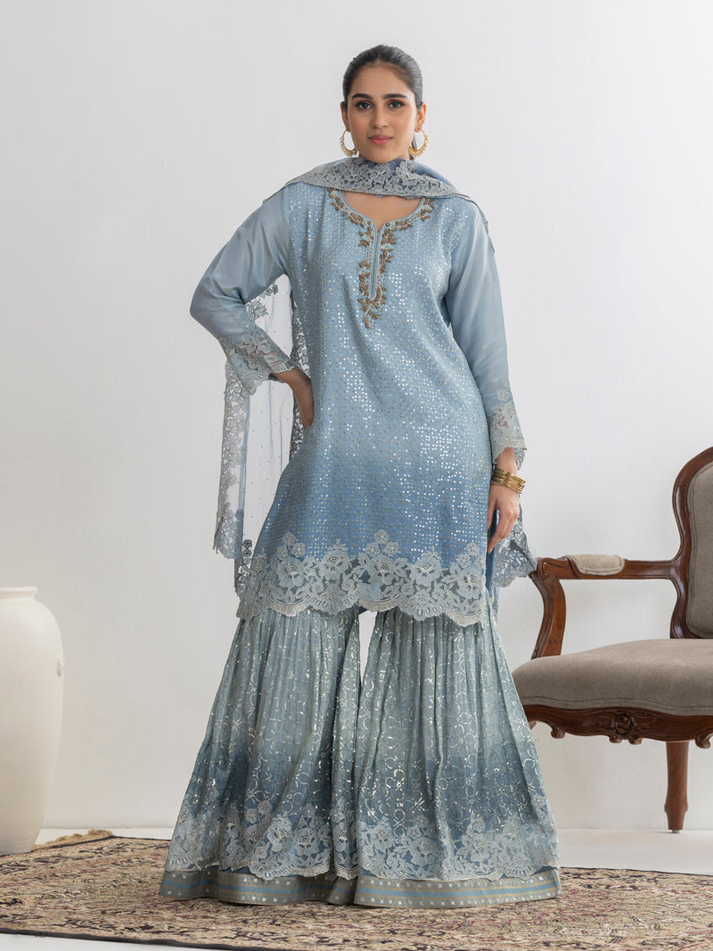 Aarzu Embroidered Garara Set - Powder Blue