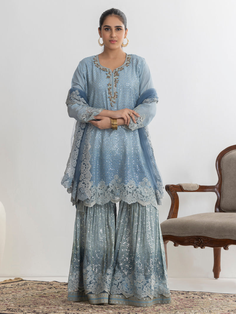 Aarzu Embroidered Garara Set - Powder Blue